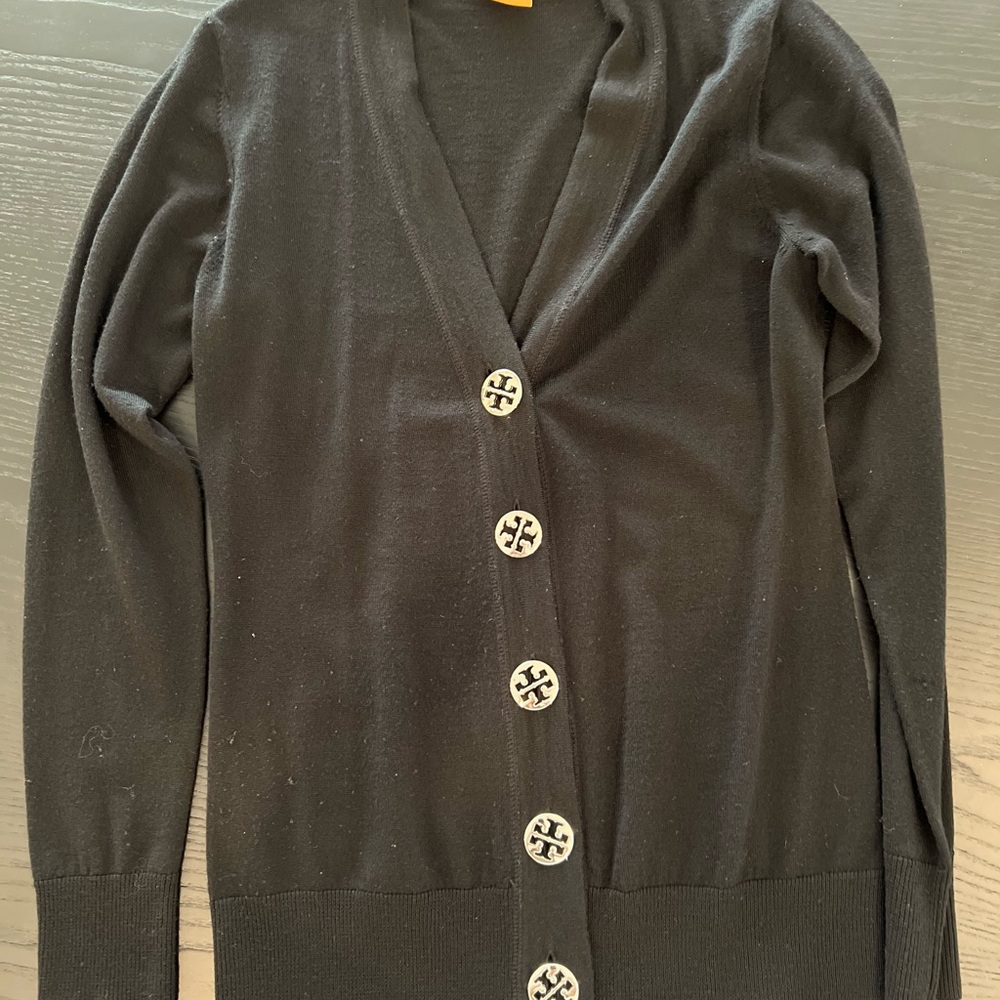 Tory Burch Black V-Neck Button-Front Cardigan with Logo Buttons